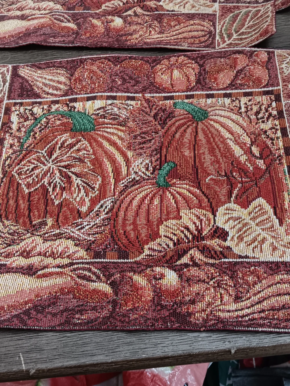Autumn Pumpkin Tapestry Set Of Four Table Placemats- Warm Rust and Green